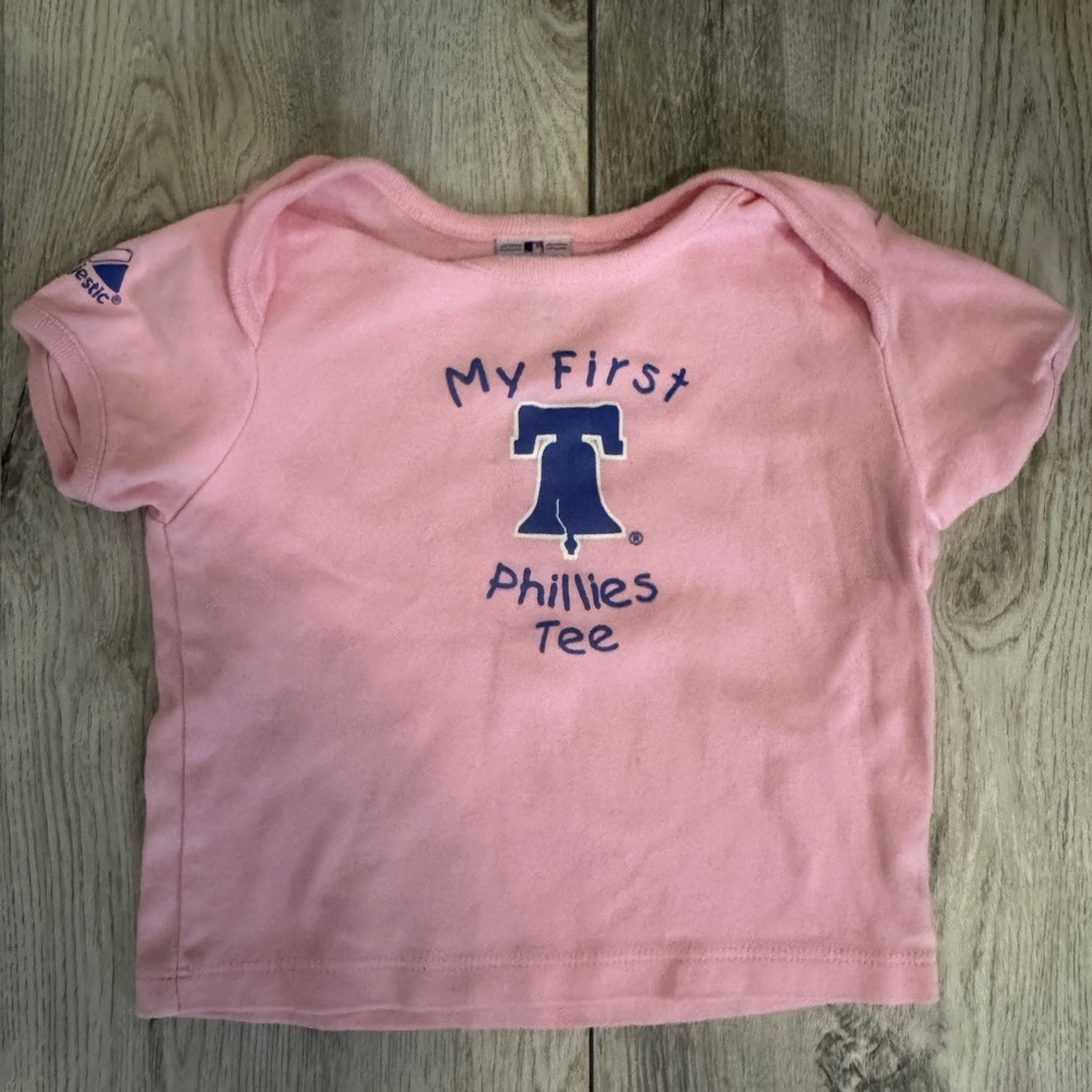 Majestic Pink 'My First Phillies Tee' Baby Shirt with Blue Logo